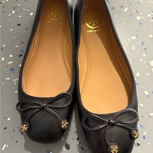 Tory Burch Black Leather Flats with Gold Accents